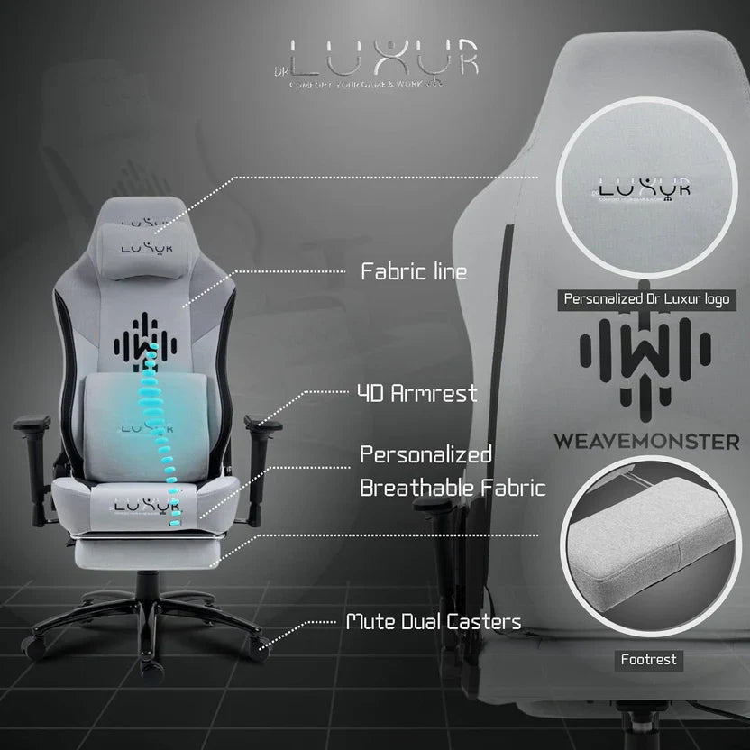 Dr luxur Weavemonster Ergonomic Gaming Chair for Office Work at Home with Breathable Honeycombed Fabric, Magnetic Neck & Lumbar Pillow, Footrest, 4-D Armrest with 180 Degree Recline (Grey)