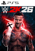 Group image of WWE 2K26 PS5 game cover with colorful wrestling characters and dynamic action scene.