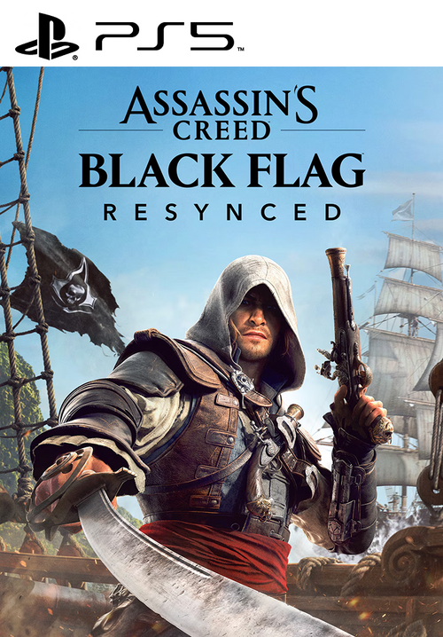 Assassin's Creed Black Flag Resynced PS5 game cover image showing pirate-themed artwork with the Ubisoft logo.